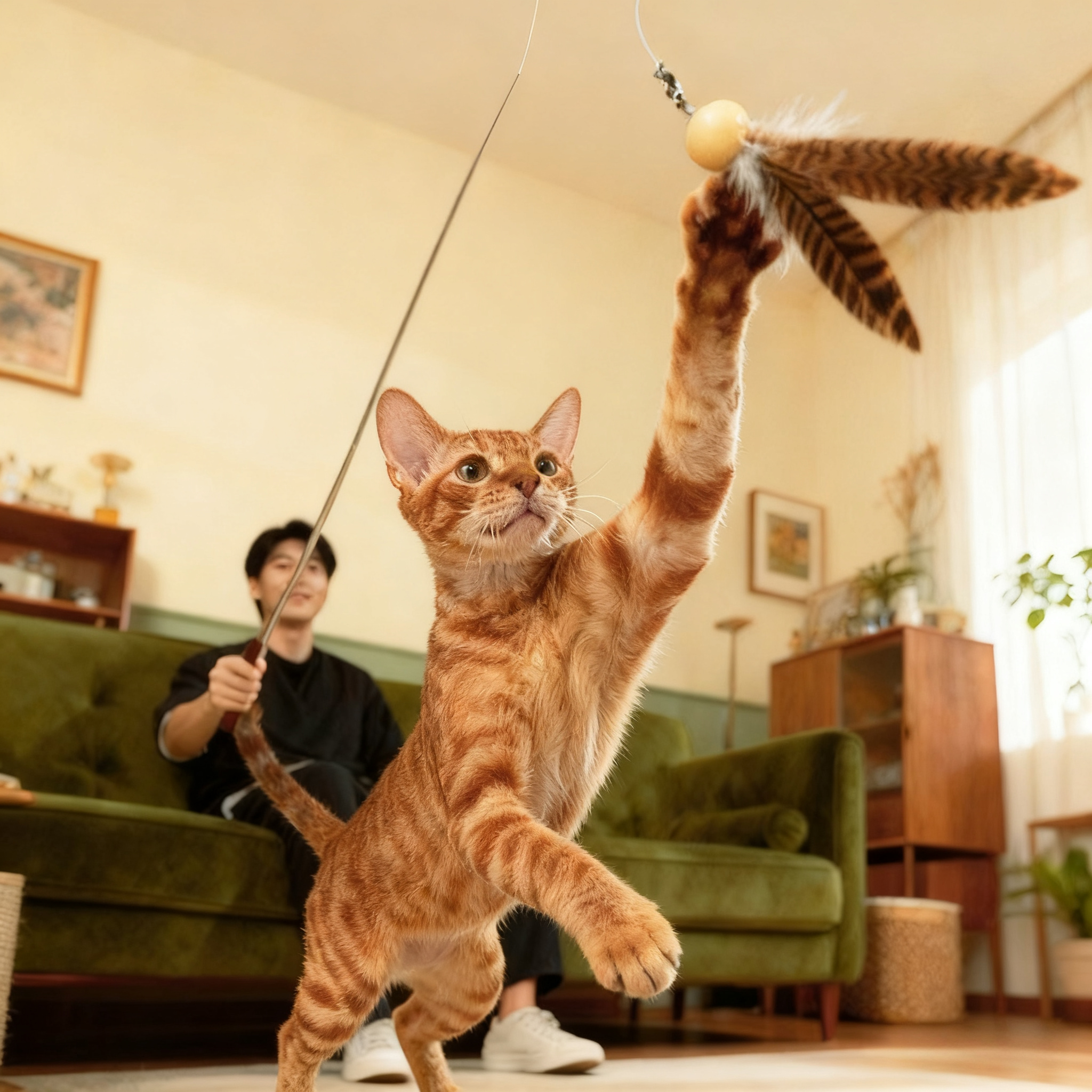 AFP Indoor Telescopic Cat Teaser Wand 360 Degree Rotation Natural Feather Interactive Pet Cat Toy Expandable Cat Feather Stick