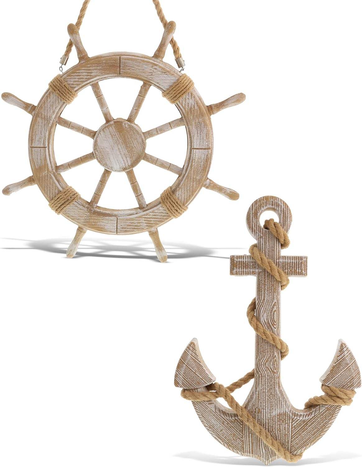 Beach Wall Anchor and Ship Wheel Handmade and Crafted Wooden Anchor Wheel with Ropes for Hanging Home Boat Steering Decorative
