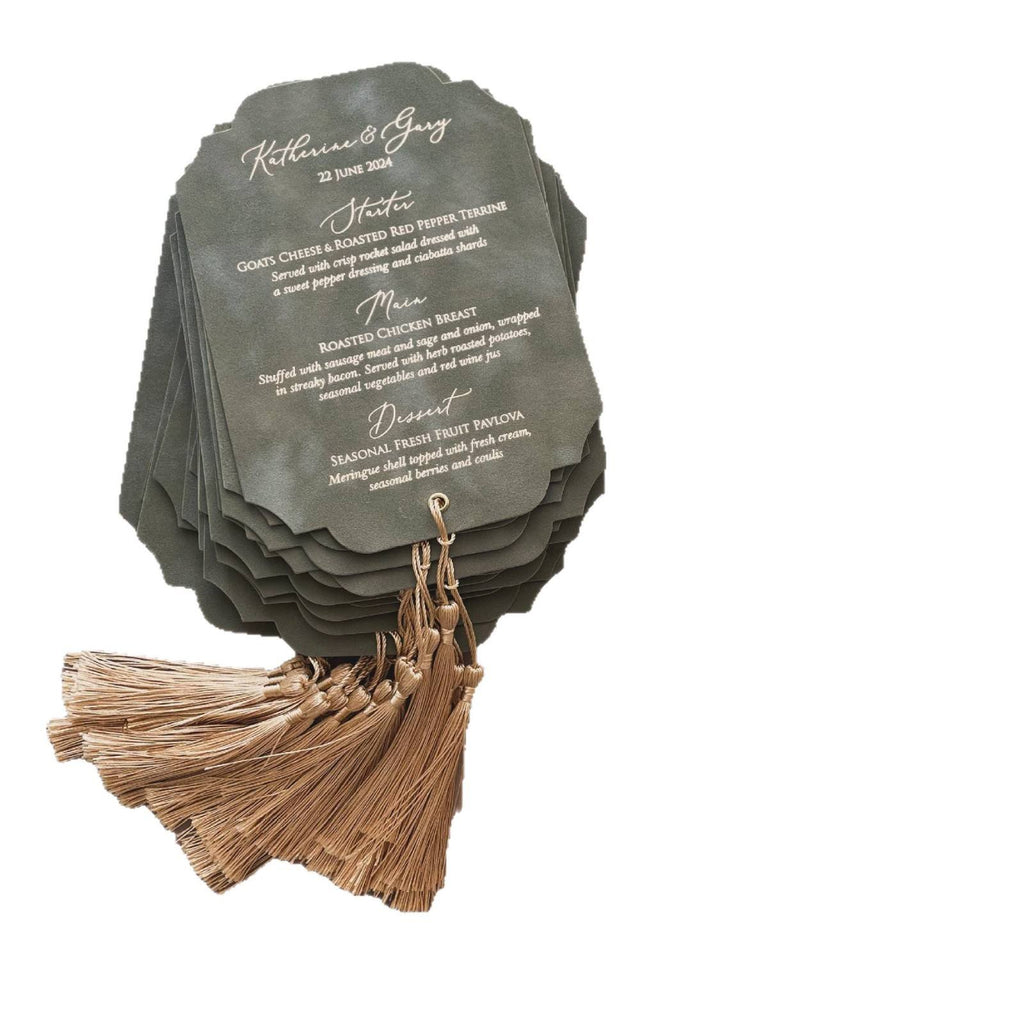 Customized Embossed Initial Deluxe Sage Green Place Card with Velvet Cover Menu Card Wedding Invitation Tassel