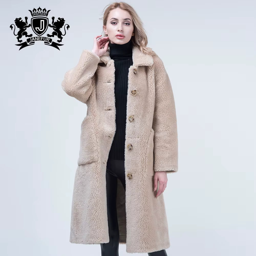 Long Lamb Shearling Fur Coat Women