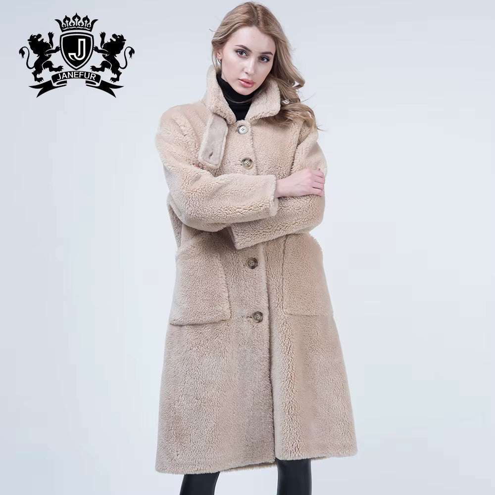 Long Lamb Shearling Fur Coat Women