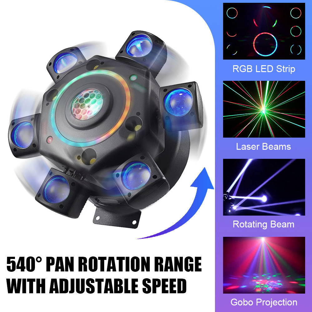 Professional LED Moving Head Cyclorama Stage Lights Laser Beam Wash Effect 6-Arm RGBW DMX512 for Disco Clubs Parties DJ Events